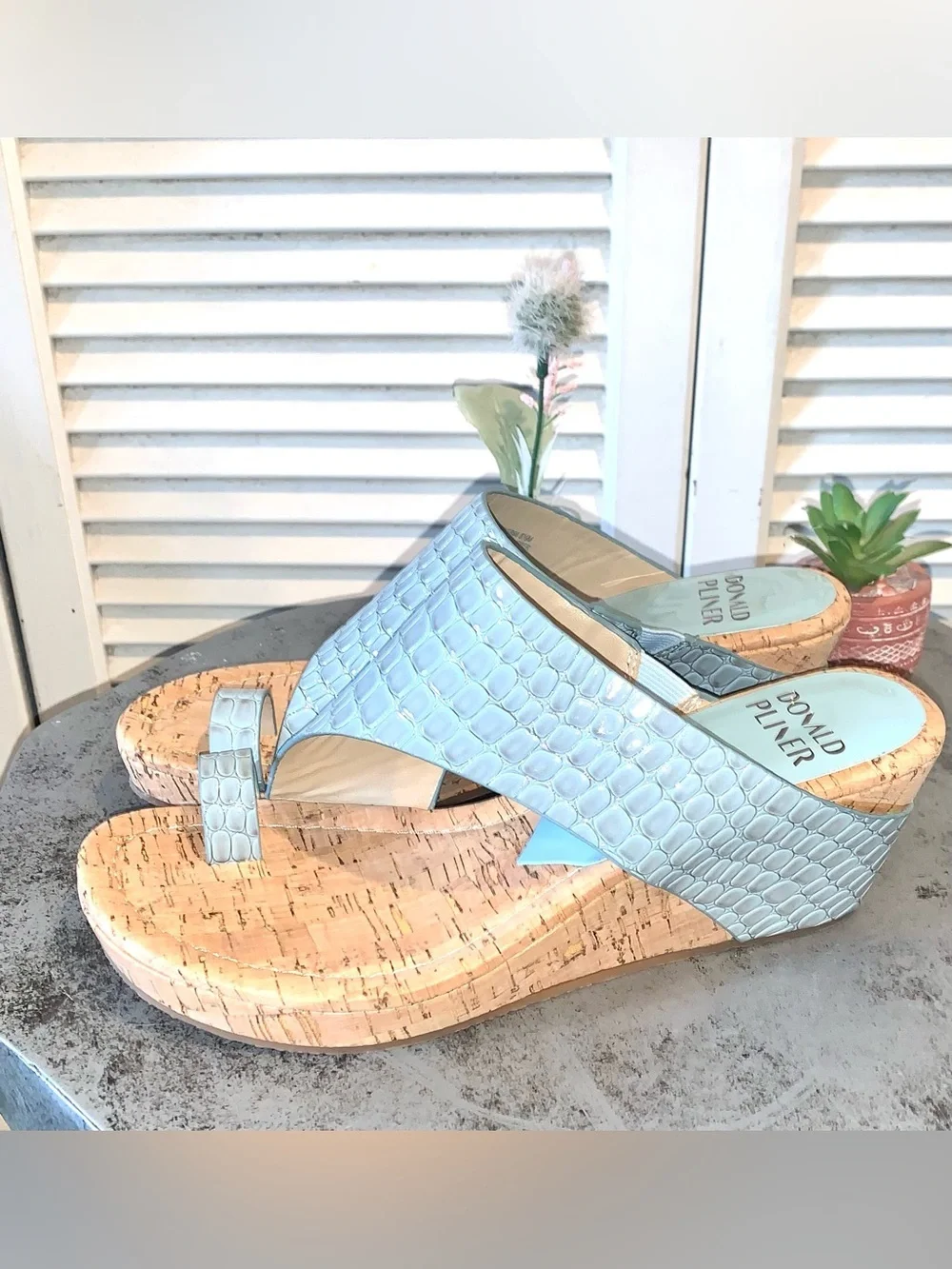 Donald J. Pliner Women's Light Blue Croc-Embossed Cork Wedge Sandal 8.5